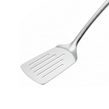 A close up of silver stainless steel serving slotted spatula on a white background