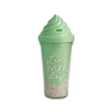 mint green plastic cups with ice cream shaped lid. The cups have text and decorative beads