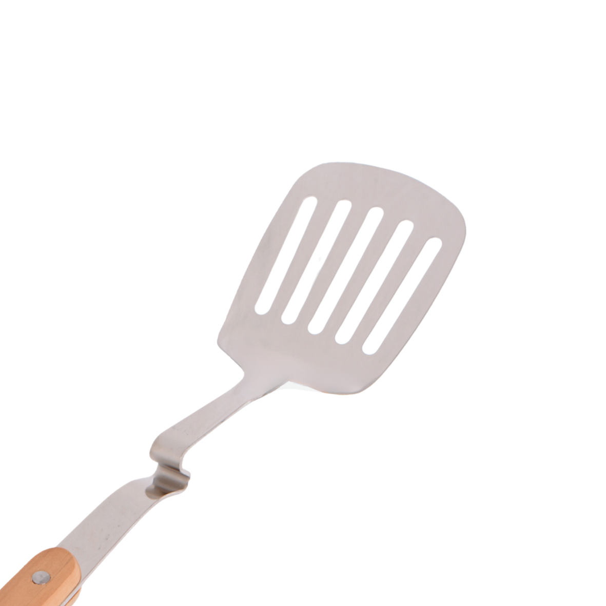 A close up of the Stainless steel slotted spatula with wooden handle 
