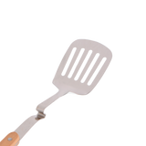 A close up of the Stainless steel slotted spatula with wooden handle 