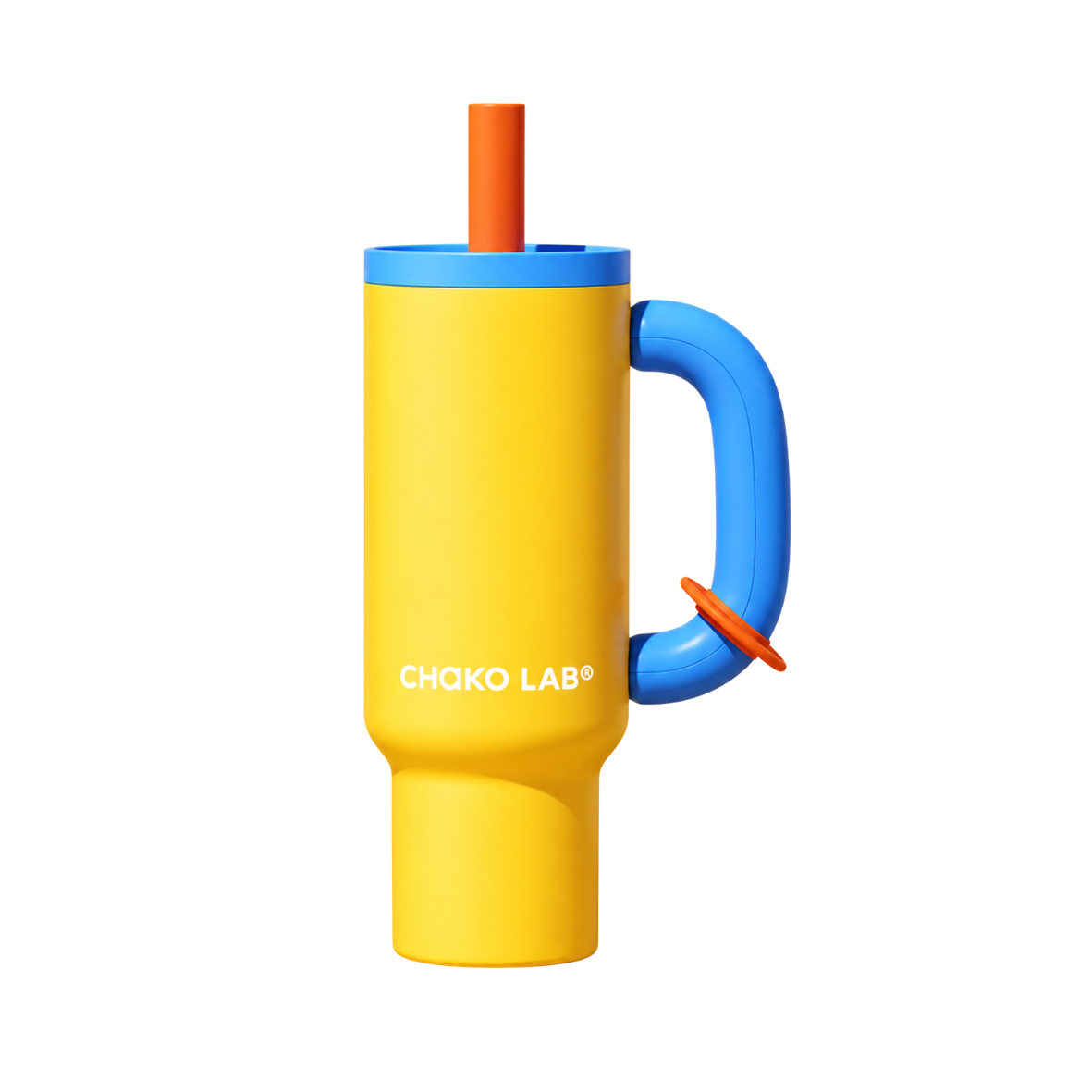 A yellow insulated tumbler with a blue handle, blue lid, and orange straw, featuring the CHAKO LAB logo on the front, set against a solid white background.