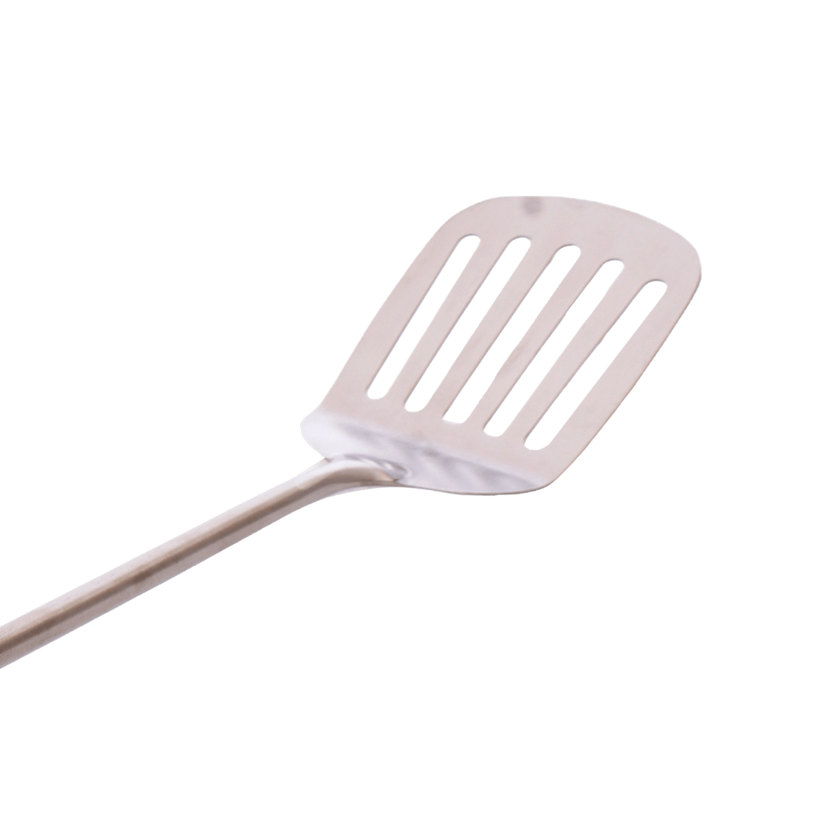 A close up image of the stainless steel slotted spatula with wooden handle
