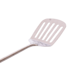 A close up image of the stainless steel slotted spatula with wooden handle
