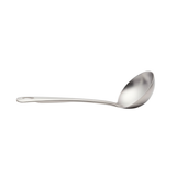 silver stainless steel serving ladle on a white background