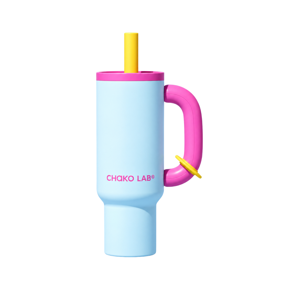 A light blue insulated tumbler with a bright pink handle and lid trim, a yellow straw, and pink CHAKO LAB branding on the front, shown on a plain white background.