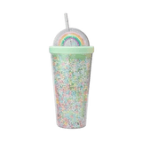 Mint Green plastic cup with lid and straw with colorful beads, rainbow design on lid