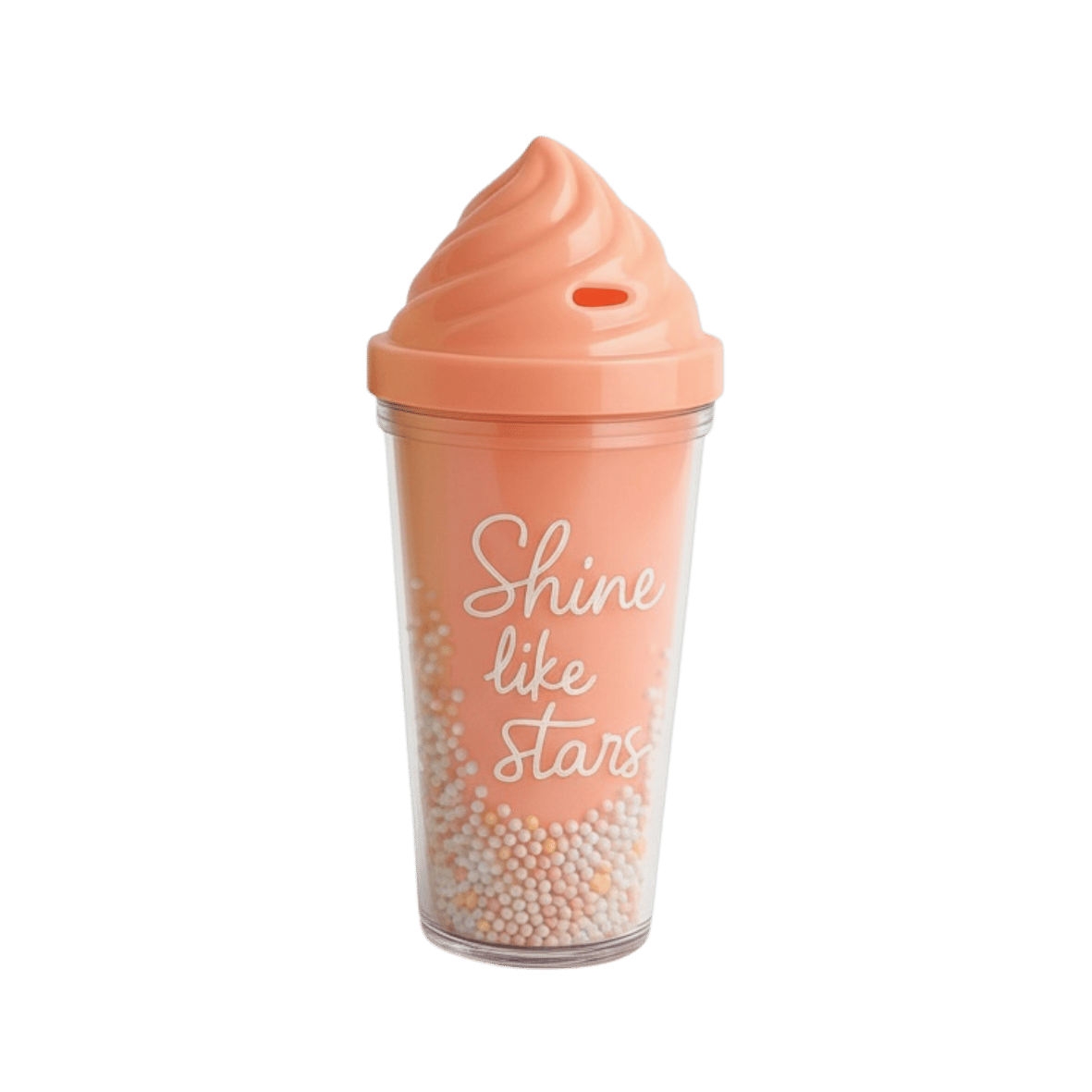 Salmon pink plastic cups with ice cream shaped lid. The cups have text and decorative beads