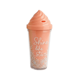 Salmon pink plastic cups with ice cream shaped lid. The cups have text and decorative beads