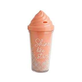 Salmon pink plastic cups with ice cream shaped lid. The cups have text and decorative beads
