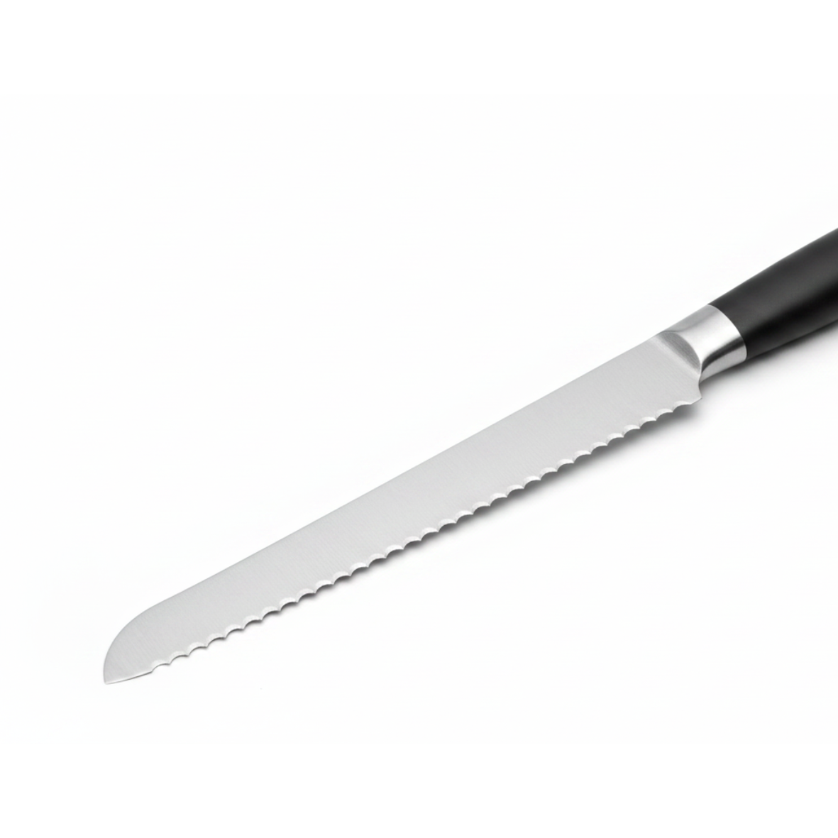 A close up image of the Stainless steel serrated bread knife with black stainless handle 