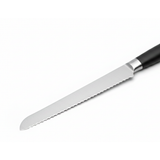 A close up image of the Stainless steel serrated bread knife with black stainless handle 