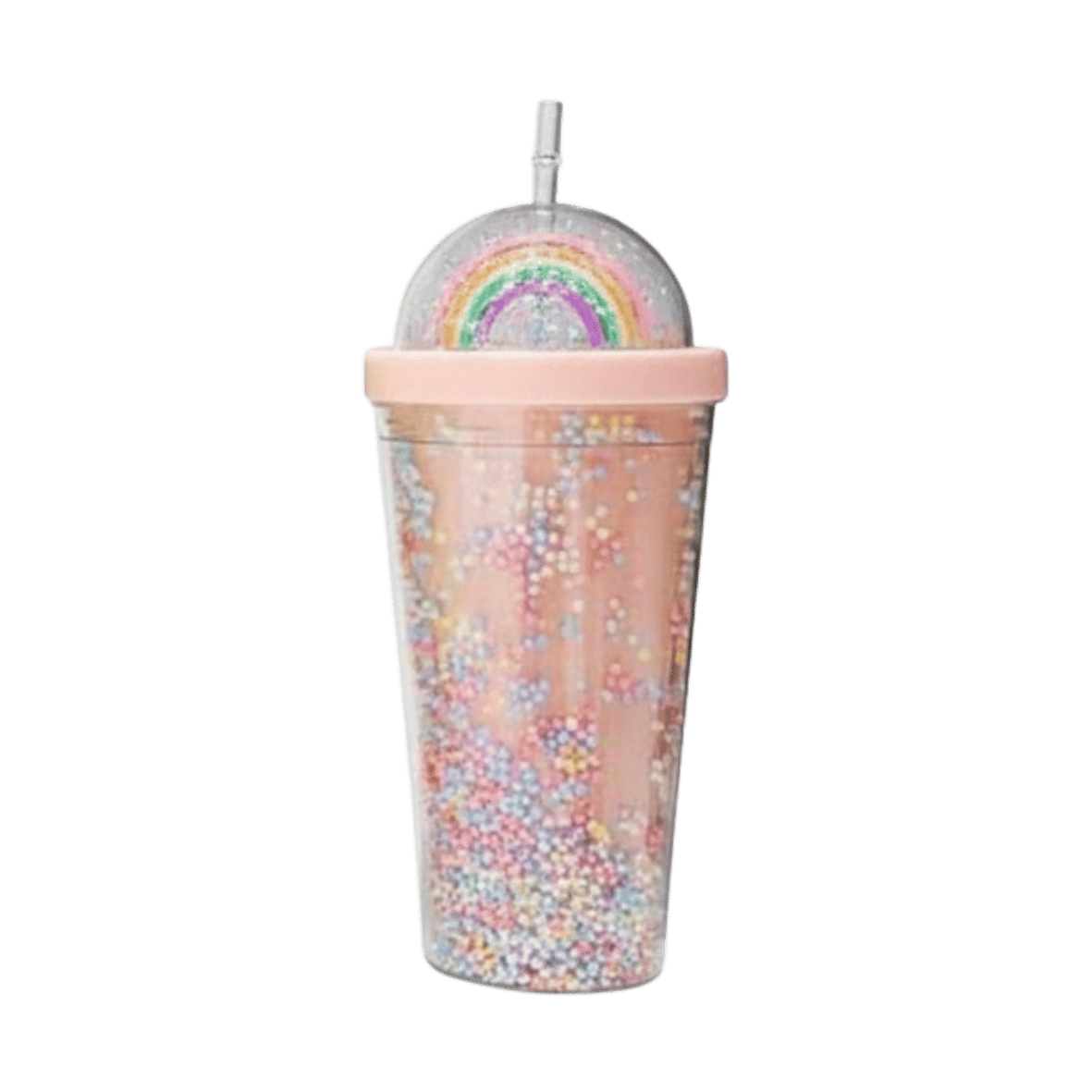 Salmon pink plastic cup with lid and straw with colorful beads, rainbow design on lid