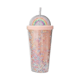 Salmon pink plastic cup with lid and straw with colorful beads, rainbow design on lid