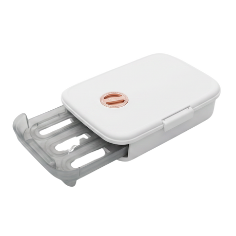 A white egg drawer with a gray plastic handle extending from the side, shown on a plain white background.