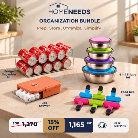 HomeNeeds Organization Bundle set displayed on a kitchen counter, including a fridge organizer bin holding red cans, a 4-in-1 fridge bowl set in stainless steel with colorful lids, an orange egg drawer with white eggs, and a food clip set in pink, blue, green, and black. Text overlays and promotional pricing are present.