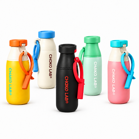 Five Choko Lab insulated water bottles in different colors (yellow, off-white, black, mint green, and pink) arranged on a clean white background.