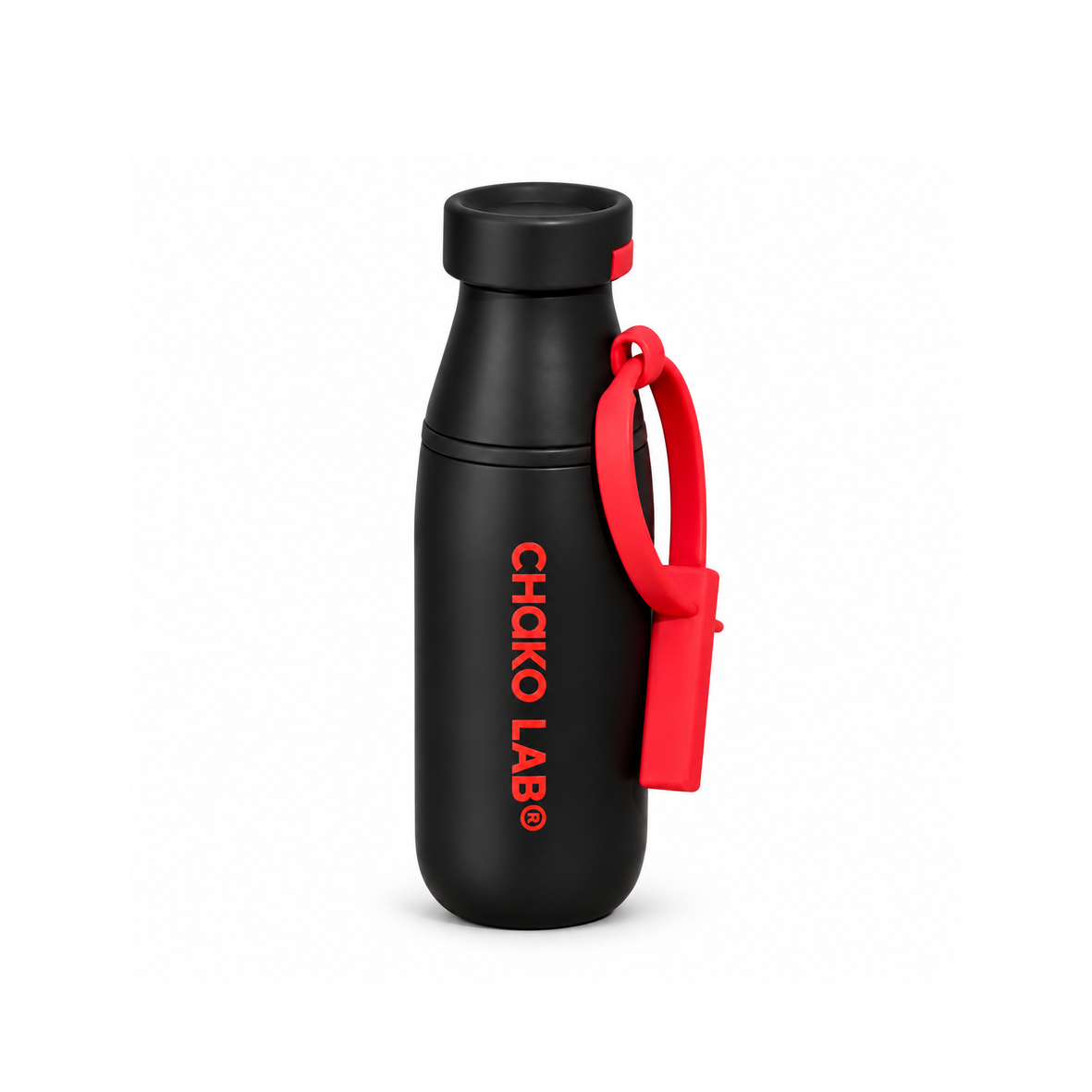 CHAKO LAB 550 ml black water bottle with red carry strap | زجاجة مياه CHAKO LAB ٥٥٠ مل سوداء بحزام أحمر