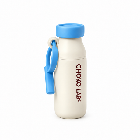 CHAKO LAB 550 ml off white water bottle with blue lid and carry strap