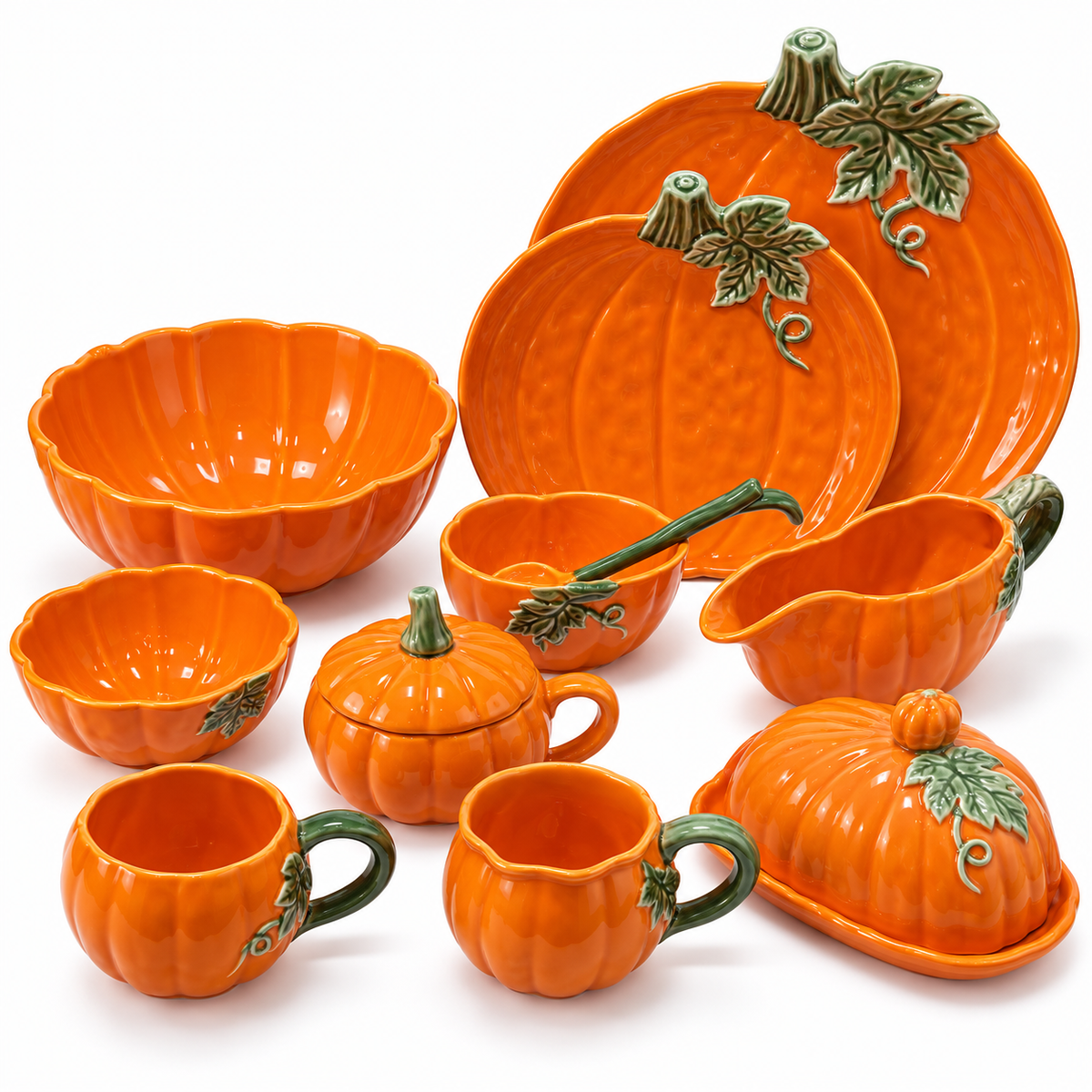 11-piece pumpkin porcelain tableware set with plates, bowls, mugs, lidded pieces, and a serving spoon