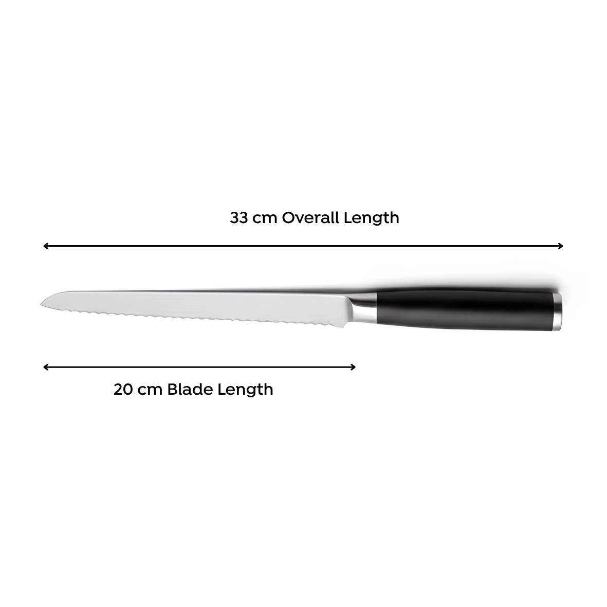 Stainless steel bread knife with dimensions  showing 20 cm blade length and 33 cm overall knife length