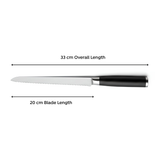 Stainless steel bread knife with dimensions  showing 20 cm blade length and 33 cm overall knife length